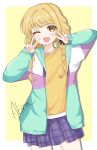  1girl ;d akira_(aki_raoo) artist_name black_ribbon blonde_hair blue_skirt border braid cowboy_shot double_v fang fujita_kotone gakuen_idolmaster hair_ribbon highres idolmaster jacket long_sleeves looking_at_viewer multicolored_clothes multicolored_jacket one_eye_closed open_clothes open_jacket plaid_clothes plaid_skirt pleated_skirt ribbon school_uniform shirt signature simple_background skin_fang skirt smile solo twin_braids v white_border yellow_background yellow_eyes yellow_shirt 
