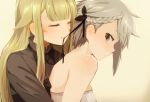  2girls ange_(princess_principal) blonde_hair blush couple eyes_closed hair_ornament long_hair looking_at_another multiple_girls open_mouth princess_(princess_principal) princess_principal silver_hair simple_background yuri 
