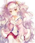  :o animal_ears azur_lane bangs bare_shoulders blush bunny_ears camisole collarbone commentary_request eyebrows_visible_through_hair fur-trimmed_jacket fur_trim hair_between_eyes hair_ornament hairband hand_up head_tilt jacket laffey_(azur_lane) long_hair long_sleeves looking_at_viewer open_clothes open_jacket orange_eyes parted_lips pink_jacket pleated_skirt red_hairband red_skirt shintou silver_hair simple_background skirt sleeves_past_wrists solo strap_slip thighhighs twintails very_long_hair white_background white_camisole white_legwear 
