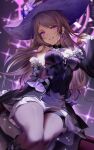  1girl ascot bare_shoulders breasts commentary detached_sleeves dress flower grey_pantyhose hair_ribbon hand_up hat hat_flower herta_(honkai:_star_rail) highres honkai:_star_rail honkai_(series) looking_at_viewer medium_breasts paid_reward_available pantyhose purple_dress purple_eyes purple_flower purple_ribbon purple_sleeves ribbon rimuu sitting smile solo the_herta_(honkai:_star_rail) white_ascot witch_hat 