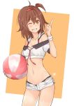  ahoge ball beachball bikini bikini_under_clothes blush breasts brown_eyes brown_hair cleavage collarbone commentary_request crop_top dan_(kumadan) eyebrows_visible_through_hair hair_between_eyes hairband kantai_collection light_blush looking_at_viewer navel one_eye_closed open_mouth red_hairband shiratsuyu_(kantai_collection) short_hair short_shorts shorts side_ponytail simple_background small_breasts smile swimsuit teeth yellow_eyes 