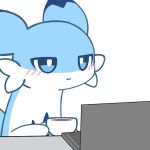 1:1 alpha_channel ambiguous_gender blue_body blue_eyes blue_fur blue_markings blush cheek_tuft chillet computer container cup dipstick_ears ear_markings electronics facial_tuft feral flong fur holding_container holding_cup holding_object icon laptop markings meme multicolored_ears pal_(species) palworld pocketpair solo sticker_pack tuft white_body white_fur