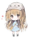  :d bag bangs black_footwear blue_shirt blush boots brown_eyes brown_shorts character_name chibi commentary_request cottontailtokki flat_cap full_body grey_hat hair_between_eyes hat hataraku_saibou highres light_brown_hair long_hair looking_at_viewer open_mouth pigeon-toed platelet_(hataraku_saibou) shirt short_shorts short_sleeves shorts shoulder_bag smile solo standing very_long_hair white_background 