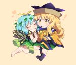  ! 2girls :t antennae bangs barefoot beige_background black_footwear black_hat blonde_hair blush boots butterfly_wings caramell0501 chibi clenched_hand commentary_request detached_sleeves dress eternity_larva eyebrows_visible_through_hair eyes_closed food green_dress green_skirt hand_up hat heart leaf long_hair long_sleeves matara_okina multiple_girls pocky pocky_kiss shared_food shirt short_hair simple_background skirt tabard touhou white_shirt wide_sleeves wings yellow_eyes yuri 