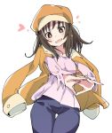  bakemonogatari brown_eyes brown_hair hat heart ixy long_sleeves looking_at_viewer monogatari_(series) open_mouth orange_hat sengoku_nadeko short_hair simple_background smile solo white_background 