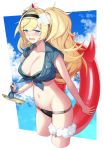  bandages bikini bikini_under_clothes black_bikini black_hairband blonde_hair blue_eyes blue_shirt blue_sky breast_pocket breasts cloud commentary_request cowboy_shot enemy_lifebuoy_(kantai_collection) gambier_bay_(kantai_collection) hairband highres kantai_collection kinsenka_momi large_breasts looking_at_viewer pocket sandal_removed shirt sky solo swimsuit tied_shirt twintails 
