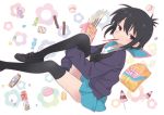  a_channel black_footwear black_hair black_legwear black_neckwear blue_skirt candy eyebrows floral_background food highres ichii_tooru knee_up kuroda_bb loafers looking_at_viewer macaron miniskirt neckerchief non-web_source official_art pocky red_eyes school_uniform serafuku shoes short_hair sidelocks skirt sleeves_past_fingers sleeves_past_wrists snack snickers solo sweater thighhighs zettai_ryouiki 