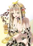  1girl absurdres animal_ears animal_print armpit_crease banana bare_shoulders bikini black_choker blonde_hair blue_eyes breasts character_request check_character choker cleavage commentary_request commission cow_ears cow_horns cow_print cow_print_bikini elbow_gloves eyewear_on_head fake_animal_ears fake_horns fang food fruit gloves hairband highres holding hololive hololive_dev_is horns koganei_niko korean_commentary large_breasts long_hair looking_at_viewer multicolored_bikini multicolored_clothes multicolored_hair navel object_on_head open_mouth pparus print_bikini round_eyewear second-party_source side-tie_bikini_bottom sitting smile solo stomach streaked_hair string_bikini sunglasses swimsuit thighhighs thighs two-tone_bikini very_long_hair white_bikini white_thighhighs 