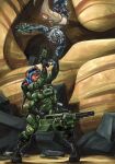 2025 4_arms 4_hands 5_fingers absurd_res anthro armor biped blue_hair brown_body brown_fur brown_scales cave clothing deep_rock_galactic duo eliza_brown ewgengster female fingers fur ghost_ship_games green_armor gun hair handgun hi_res hybrid hyena inside lizard machine_gun mammal multi_arm multi_hand multi_limb ranged_weapon red_eyes reptile scales scalie spots traditional_media_(artwork) underwear weapon white_hair