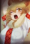  animal_ears arms_up bangs blonde_hair blush breasts eyebrows_visible_through_hair fangs fur_collar hair_between_eyes kemono_friends large_breasts lion_(kemono_friends) lion_ears long_hair looking_at_viewer necktie nyifu one_eye_closed orange_eyes red_neckwear shirt short_sleeves solo stretch tears teeth upper_body white_shirt yawning 