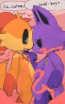 4_fingers abstract_background absurd_res anthro big_ears black_inner_ear black_pawpads black_sclera bodily_fluids brown_body brown_fur canid canine canis catnap_(poppy_playtime) cheek_tuft countershade_arms countershade_feet countershading cute_fangs dialogue dogday_(poppy_playtime) domestic_cat domestic_dog duo english_text eye_contact facial_tuft fangs feet felid feline felis fingers floating_hearts floppy_ears flustered fur gloves_(marking) half-closed_eyes hand_on_chin heart_symbol hi_res jewelry leg_markings looking_at_another male male/male mammal markings mob_entertainment moon_pendant narrowed_eyes nude orange_body orange_fur pawpads pendant pink_pawpads poppy_playtime presto_(artist) purple_body purple_fur red_background red_pendant red_smoke romantic side_view simple_background smiling_critters smoke smug socks_(marking) speech_bubble spiral_eyes standing sun_pendant sweat tail teeth text tuft white_eyes white_sclera yellow_body yellow_fur yellow_pendant
