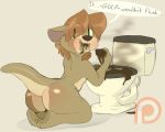  2018 anthro big_butt blush butt digital_media_(artwork) eating_feces feces fur green_eyes kneeling looking_at_viewer looking_back male mammal mustelid nastysashy_(artist) nude otter scat simple_background solo toilet 