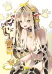  1girl absurdres animal_ears animal_print armpit_crease banana bare_shoulders bikini black_choker blonde_hair blue_eyes breasts choker cleavage commentary_request commission cow_ears cow_horns cow_print cow_print_bikini elbow_gloves eyewear_on_head fake_animal_ears fake_horns fang food fruit gloves hairband highres holding hololive hololive_dev_is horns koganei_niko large_breasts long_hair looking_at_viewer multicolored_bikini multicolored_clothes multicolored_hair navel object_on_head open_mouth pparus print_bikini revision round_eyewear side-tie_bikini_bottom sitting smile solo stomach streaked_hair string_bikini sunglasses swimsuit thighhighs thighs two-tone_bikini very_long_hair white_bikini white_thighhighs 
