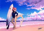  2018 5_fingers anthro barefoot brown_eyes day detailed_background digital_media_(artwork) ear_piercing female fin fish hair marine outside piercing pink_hair shark sky smile solo standing surfboard wetsuit wolfirry 