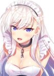  :d azur_lane bangs bare_shoulders belfast_(azur_lane) blush braid breasts broken broken_chain chain cleavage collarbone commentary eyebrows_visible_through_hair hair_between_eyes highres honami_(yths4221) large_breasts long_hair looking_at_viewer maid_headdress open_mouth purple_eyes silver_hair simple_background smile solo white_background 