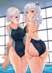  ass bare_arms blue_eyes breasts brown_jacket cleavage closed_mouth clothes_around_waist collarbone competition_swimsuit covered_navel hair_ornament hair_over_one_eye hair_tie hairclip hamakaze_(kantai_collection) hand_on_own_ass highres indoors jacket jacket_around_waist kantai_collection kashima_(kantai_collection) large_breasts long_hair looking_at_viewer multiple_girls one-piece_swimsuit parted_lips pool sarfata silver_hair smile sparkle swimsuit twintails two-tone_swimsuit upper_body window 