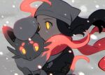  1girl akari_(pokemon) alternate_eye_color black_hair bright_pupils chueog closed_mouth eyelashes floating_hair floating_scarf glowing glowing_eyes grey_background headscarf highres hisuian_zorua jacket logo outdoors pokemon pokemon_(creature) pokemon_legends:_arceus ponytail scarf sidelocks snowing yellow_eyes 