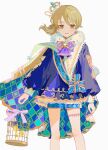  1girl argyle_cape argyle_clothes birdcage blouse blue_cape blue_sash blue_shirt blue_shorts bow bowtie brown_eyes brown_hair cage cape crown earrings floating_hair fur_collar highres holding holding_cage idolmaster idolmaster_cinderella_girls jewelry medium_hair mini_crown morikubo_nono multicolored_cape multicolored_clothes nima_(nimamann) parted_lips ponytail sash shirt shorts simple_background solo standing star_(symbol) thigh_strap tilted_headwear white_background 
