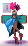  1girl :d bandeau barefoot blue_bandeau blue_eyes blue_sarong breasts brown_hair cleavage clothes_lift commentary dark-skinned_female dark_skin eyelashes feet full_body highres leaning_forward looking_at_viewer medium_breasts navel phoebe_(pokemon) pokemon pokemon_rse print_sarong sarong sarong_lift scene_reference shakeeeeeeeee short_hair simple_background smile solo standing thighs toes white_background 