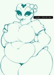 alternate_universe belly belly_squish breasts character_request clothing clover_(crowplexus) clover_(plant) clover_leaf dialogue dialogue_box english_text female froggit headgear headwear humanoid leaf looking_down_at_belly looking_down_at_breasts lufekaji plant simple_coloring solo squish text undertale undertale_(series) wide_hips
