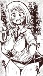  10s 1girl blush boku_no_hero_academia breasts curvy female karateka_(baromaru) large_breasts looking_at_viewer monochrome panties partially_visible_vulva school_uniform shiny shiny_skin skirt smile solo sweat thighs translation_request underwear uraraka_ochako 