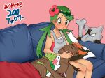  1boy 1girl alolan_marowak black_hair bone closed_eyes couch dark-skinned_male dark_skin drooling green_eyes green_hair hetero highres kiawe_(pokemon) lap_pillow mallow_(pokemon) multicolored_hair nail_polish on_couch pokemon pokemon_(anime) pokemon_(creature) pokemon_sm_(anime) red_hair red_nails saliva shaymin shaymin_(land) sleeping two-tone_hair yamashita_momiyo 