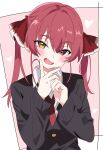  1girl absurdres alternate_costume black_cardigan blush breasts cardigan collared_shirt commentary_request fang hair_between_eyes heterochromia highres hololive houshou_marine hutaba_haru large_breasts long_hair long_sleeves looking_at_viewer necktie open_mouth red_eyes red_hair red_necktie shirt solo twintails v v_over_mouth virtual_youtuber white_shirt yellow_eyes 