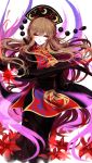  absurdres artist_name aura black_dress black_sash braid breasts brown_hair dress eyebrows_visible_through_hair floating_hair flower french_braid hair_between_eyes headdress highres junko_(touhou) large_breasts long_dress long_hair long_sleeves looking_at_viewer neck_ribbon open_mouth petals red_eyes red_flower ribbon sash sheya signature simple_background sleeves_past_fingers sleeves_past_wrists smile solo tassel touhou white_background wide_sleeves yellow_neckwear yellow_ribbon 