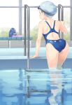  arm_support ass back back_cutout blue_swimsuit blush competition_swimsuit eichisu from_behind goggles goggles_on_head indoors one-piece_swimsuit original pool pool_ladder profile shoulder_blades solo swim_cap swimsuit wading water 
