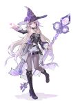  1girl absurdres asymmetrical_legwear bare_shoulders black_dress black_footwear black_pantyhose boots breasts brown_hair commentary_request detached_sleeves dress hat heart herta_(honkai:_star_rail) highres holding holding_staff honkai:_star_rail honkai_(series) kabuto_tong long_hair pantyhose purple_eyes simple_background small_breasts smile staff standing tachi-e the_herta_(honkai:_star_rail) white_background witch_hat 