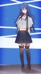  alternate_costume blue_eyes blue_hair blue_skirt blush casual choker contemporary fire_emblem fire_emblem:_kakusei full_body garter_straps high_heels highres long_hair looking_at_viewer lucina skirt smile solo suspender_skirt suspenders thank_you thighhighs tusia zettai_ryouiki 