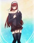  alternate_costume bare_shoulders blush closed_mouth collarbone dress_shirt embarrassed fire_emblem fire_emblem:_kakusei garter_straps gradient gradient_background highres jewelry long_hair looking_at_viewer off-shoulder_shirt off_shoulder red_eyes red_hair ring serge_(fire_emblem) shirt solo thighhighs tusia very_long_hair zettai_ryouiki 