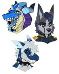  anthro canid canine collar fish group hair hi_res horn looking_at_viewer mammal marine open_mouth open_smile rindeadsong scalie shark smile spiked_collar spikes tongue tongue_out trio 