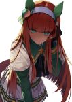  1girl absurdres animal_ears aqua_eyes bags_under_eyes black_gloves blunt_bangs capelet closed_mouth commentary_request cowboy_shot ear_covers ear_ornament ear_ribbon gloves green_capelet green_ribbon green_shirt hairband highres horse_ears horse_girl horse_tail layered_sleeves leaning_forward long_hair long_sidelocks long_sleeves looking_at_viewer multicolored_clothes orange_hair orange_tail pleated_skirt puffy_short_sleeves puffy_sleeves ribbon shiro3necro shirt short_over_long_sleeves short_sleeves sidelocks silence_suzuka_(umamusume) simple_background skirt sleeve_cuffs solo straight_hair striped_clothes striped_ribbon striped_shirt striped_skirt tail umamusume white_background white_hairband white_shirt white_skirt yellow_ribbon 