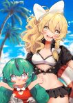  2girls :3 :d absurdres alternate_costume aqua_hair arms_up beach bikini bikini_skirt black_bikini black_jacket blonde_hair blue_eyes blue_sky blush bow braid breasts cleavage cloud cloudy_sky collarbone commentary_request cowboy_shot cropped_jacket dress hair_bow hands_up highres holding holding_behind_back horns innertube jacket kirisame_marisa komano_aunn long_hair looking_at_viewer medium_breasts multicolored_bikini multicolored_clothes multiple_girls navel open_mouth outdoors palm_tree partially_open_jacket pointy_ears red_dress red_innertube short_sleeves single_braid single_horn sky sleeveless sleeveless_dress smile sparkle standing star-shaped_pupils star_(symbol) stomach swim_ring swimsuit symbol-shaped_pupils teeth touhou tree two-tone_bikini two-tone_innertube uchisaki_himari upper_body upper_teeth_only white_bikini white_bow white_innertube yellow_eyes 