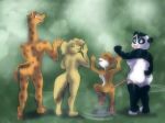  2018 anthro bear breasts butt canine digital_media_(artwork) dog female fur giraffe golden_retriever mammal missebony mouse nude open_mouth outside panda raining rear_view rodent side_boob smile water 