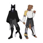absurd_res anthro armor beaded_bracelet beaded_jewelry beads belt big_sleeves bird_dog black_body black_fur bottomwear bracelet brown_body brown_fur canid canine canis cerberussenn clothing collar dark_clothing domestic_cat domestic_dog duo facial_markings felid feline felis floppy_ears freckles fur head_markings hi_res hunting_dog jewelry kerchief labrador light_clothing lumine_canosa_(cerberussenn) mago_aguirre_(cerberussenn) male mammal markings neckerchief necklace neckwear neutral_expression pants pendant pink_nose purple_eyes raglan_shirt retriever shin_guards smile sweater tail tail_motion tailwag topwear tuxedo_cat white_body white_fur yellow_eyes zipper