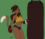  2018 anthro athletic boxing boxing_gloves bra breasts brown_eyes brown_fur brown_hair brown_tail cat clothing deborah_bispo dipstick_tail drawing-4ever eyebrows eyelashes feline female fur green_background hair half-closed_eyes hotpants inner_ear_fluff long_hair looking_at_viewer mammal multicolored_tail navel open_mouth open_smile pink_nose pose punch punching punching_bag side_boob signature simple_background smile solo sport standing two_tone_tail underwear wendel2 white_tail 
