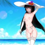  black_hair blue_eyes breasts choker day elbow_gloves exhibitionism flower garter_belt gloves hand_on_headwear hat hat_flower long_hair looking_at_viewer nipples ocean pussy sky small_breasts solo uncensored vvv white_gloves 