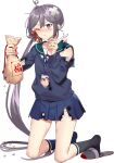  1girl akebono_(kancolle) akebono_(valentine)_(kancolle) bandages bell drew_(drew213g) flower hair_bell hair_flower hair_ornament jingle_bell kantai_collection kneeling long_hair mamemaki one_eye_closed open_mouth pleated_skirt pout purple_eyes purple_hair school_uniform serafuku setsubun side_ponytail skirt solo sweater torn_clothes torn_skirt very_long_hair 