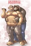  2014 4_toes 5_fingers anthro anthro_on_anthro balls bear beard belly belly_grab blue_eyes brown_hair bulge clothed clothing cover duo eyebrows facial_hair grey_hair hair holding_object hoodie male male/male mammal markwulfgar mature_male navel nipple_piercing nipples overweight overweight_male pants pecs penis_outline piercing standing thick_eyebrows tight_clothing toes topless 