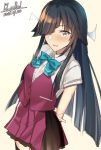  adapted_costume arms_behind_back bangs black_hair black_skirt blunt_bangs bow bowtie cocktail cosplay dated drink hair_over_one_eye hair_ribbon hayashimo_(kantai_collection) kantai_collection long_hair pallad pleated_skirt purple_vest remodel_(kantai_collection) ribbon school_uniform shirt signature simple_background skirt sleeves_rolled_up solo upper_body very_long_hair vest white_background white_shirt yuugumo_(kantai_collection) yuugumo_(kantai_collection)_(cosplay) 
