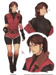  1girl black_gloves black_shirt boots brown_hair claire_redfield ericson_blum fingerless_gloves gloves highres knife light_smile long_hair parted_bangs ponytail red_shorts red_vest resident_evil resident_evil_2 resident_evil_2_(remake) shirt shorts simple_background vest white_background 