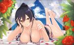  anza_tomo ass bangs bare_shoulders bikini black_hair blue_sky blush breasts collarbone commentary_request curtains day feet feet_up flower hair_between_eyes head_rest high_ponytail highres idolmaster idolmaster_shiny_colors large_breasts long_hair looking_at_viewer lying on_stomach plant ponytail purple_bikini shirase_sakuya sky smile solo swimsuit the_pose thighs untied untied_bikini yellow_eyes 