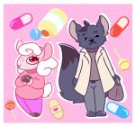 anthro bandage big_eyes big_tail bovid candy canid canine canis caprine cute_fangs cute_pose dessert drugs duo exclamation_point fangs female food fur gradient_background hair hooves hug humanoid jim_the_lamb lollipop long_tail male male/female mammal medical_instrument pills scientific_instrument sheep short_hair short_tail simple_background size_difference sound tail teeth twtr wolf wolf_(twtr) wool_(fur)