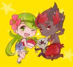  1boy 1girl alolan_marowak black_hair bone bounsweet chibi chibi_only dark-skinned_male dark_skin green_eyes green_hair kiawe_(pokemon) looking_at_viewer mallow_(pokemon) multicolored_hair one_eye_closed pokemon pokemon_sm red_eyes red_hair star_(symbol) two-tone_hair wowoju_(wowowokara) yellow_background 