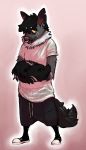  2018 anthro claws clothed clothing crossed_arms ear_piercing facial_piercing green_eyes half-closed_eyes hyena looking_at_viewer male mammal neck_tuft nobby_(artist) nose_piercing nose_ring notched_ear pawpads piercing simple_background solo standing striped_hyena tongue tongue_out tuft yellow_sclera 