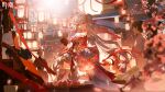  1girl absurdres aerial_fireworks architecture bare_shoulders blurry blurry_foreground braid breasts closed_mouth collarbone copyright_notice detached_sleeves dress earrings east_asian_architecture fireworks floating_hair flower hair_flower hair_ornament highres holding jewelry jinhsi_(peach_blossom)_(wuthering_waves) jinhsi_(wuthering_waves) logo long_hair looking_at_viewer low_twin_braids missing_commentary mole mole_on_cheek multicolored_clothes multicolored_dress official_alternate_costume official_art outdoors people pink_dress pink_flower pink_pupils small_breasts smile standing strapless strapless_dress twin_braids two_side_up very_long_hair white_dress white_eyes white_hair white_sleeves wuthering_waves 