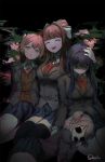 :d ^_^ bangs black_legwear blazer blue_eyes blue_skirt bow breasts brown_hair brown_jacket chromatic_aberration closed_eyes closed_mouth collared_shirt covered_eyes covered_mouth doki_doki_literature_club empty_eyes eyebrows_visible_through_hair glitch hair_between_eyes hair_bow hair_intakes hair_ribbon hand_on_another's_head highres jacket long_hair monika_(doki_doki_literature_club) multiple_girls natsuki_(doki_doki_literature_club) neck_ribbon open_mouth pink_hair pleated_skirt ponytail purple_eyes purple_hair qosic red_bow red_ribbon ribbon sayori_(doki_doki_literature_club) school_uniform shirt short_hair sidelocks sitting skirt smile thighhighs two_side_up white_bow white_ribbon white_shirt yuri_(doki_doki_literature_club) 