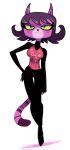  2018 anthro breasts cat chico_chica_boumba clothed clothing dbaru feline female freckles fur green_eyes hair hand_on_hip hi_res mam&#039;zelle_leonine mammal pose purple_fur purple_hair short_hair simple_background solo standing yellow_sclera 